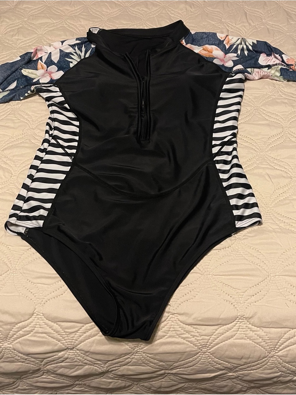 Black One-Piece Rash Guard Swimsuit with Floral Sleeves